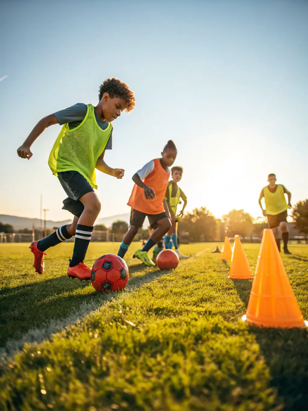 A dynamic image of young athletes participating in a soccer training session, showcasing teamwork and skill development under the guidance of a coach. The setting is a well-maintained sports field with clear skies.