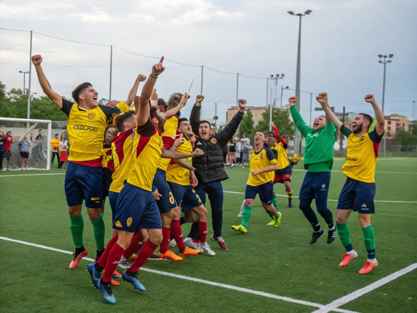 A group of young athletes celebrating a victory after a soccer match, showcasing teamwork and camaraderie. The image should convey a sense of achievement and positive energy.
