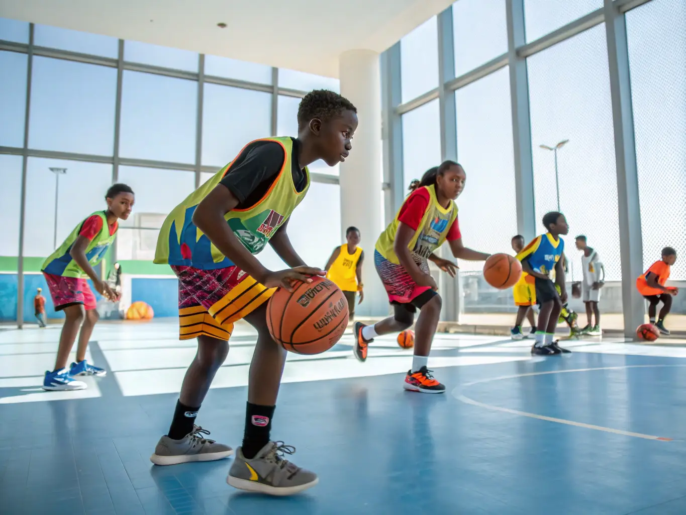 A group of young athletes participating in a basketball training session, focusing on teamwork and skill development, set against the backdrop of a modern sports facility.
