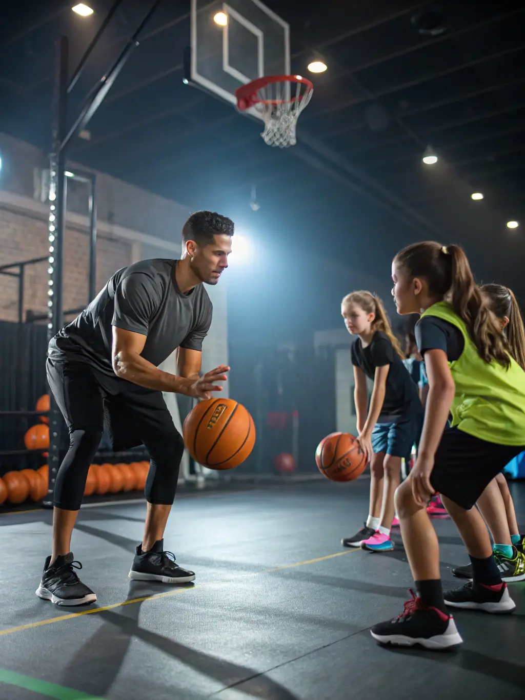 A group of participants engaged in a basketball workshop, focusing on shooting techniques and defensive strategies. The workshop is held indoors, with a coach providing personalized feedback.