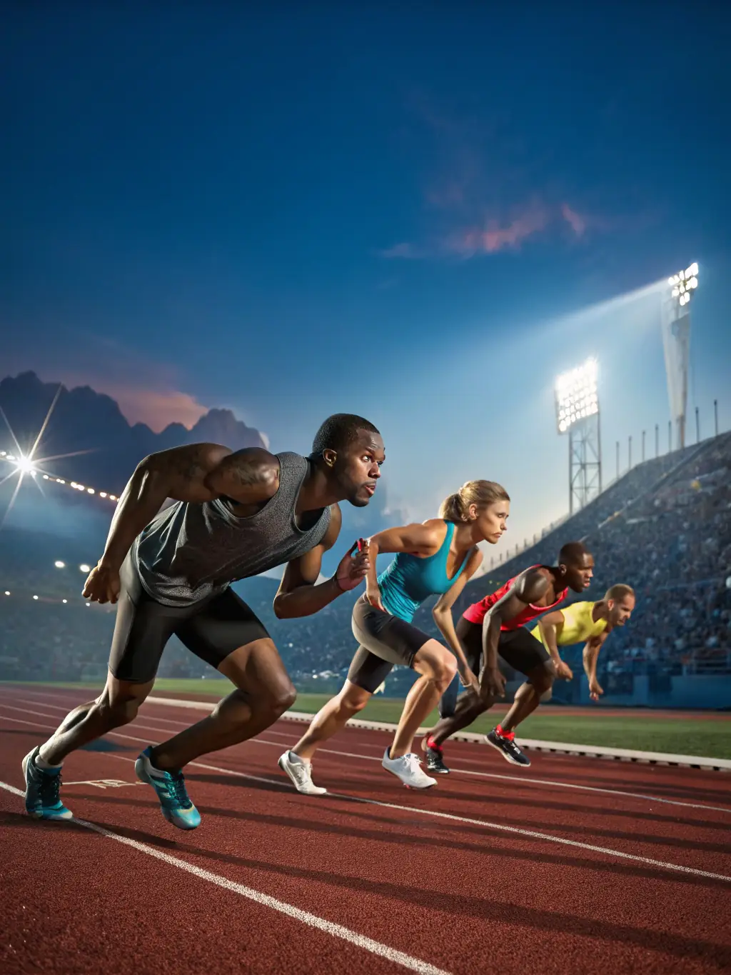 A vibrant image of athletes competing in a track and field event, showcasing speed, agility, and determination. The event is held in a stadium with spectators cheering on the participants.