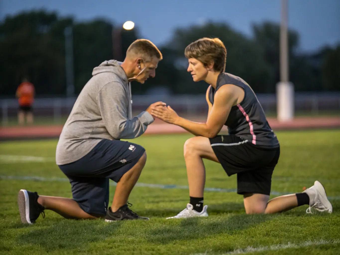 A coach providing personalized guidance to a young athlete during a training session, highlighting the individual support offered by MK SPORT & CO.